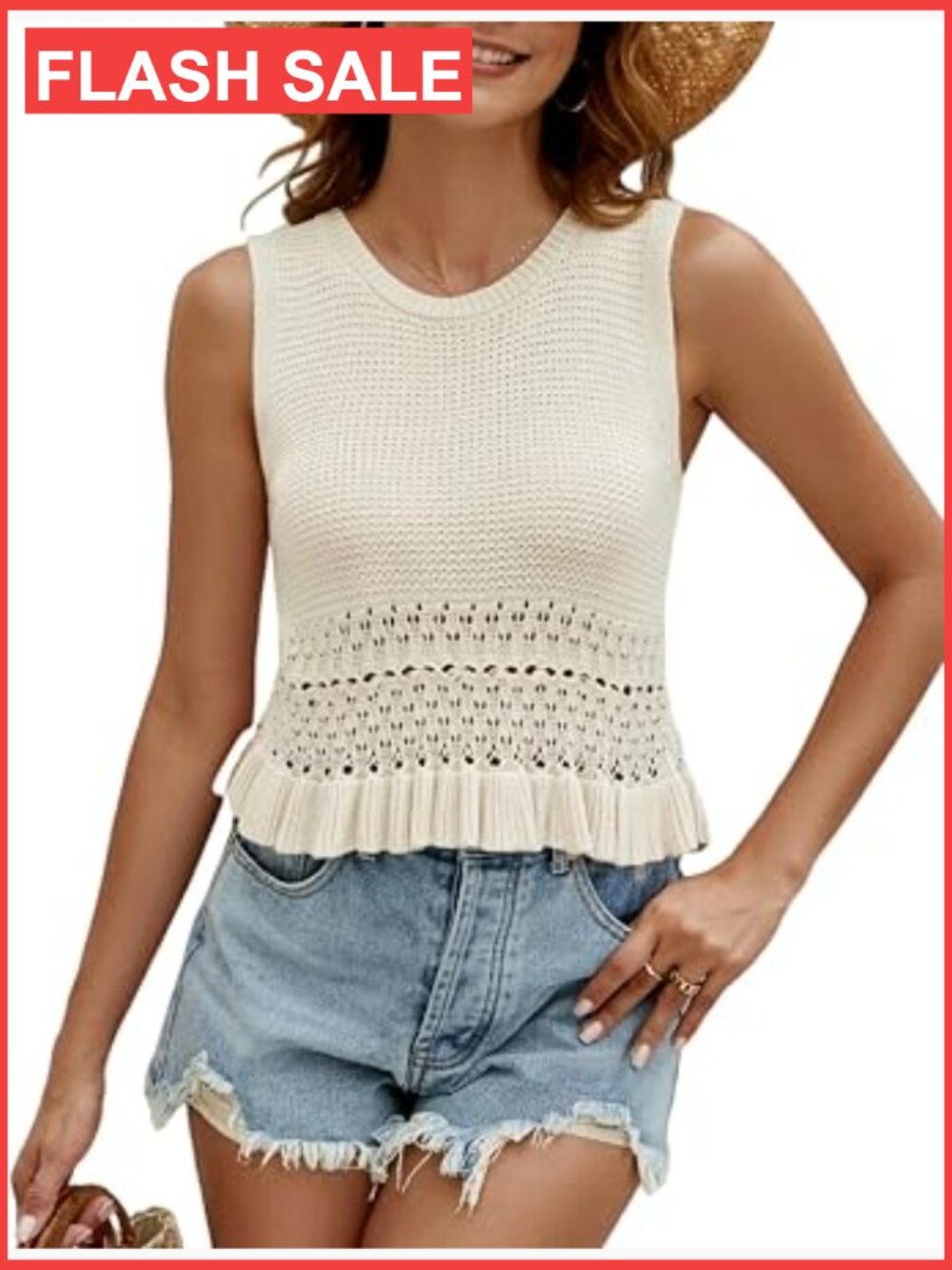 Women's Cute Crop Sweater Vest Knit Sleeveless Pullover Crochet Ruffle Hem Tank